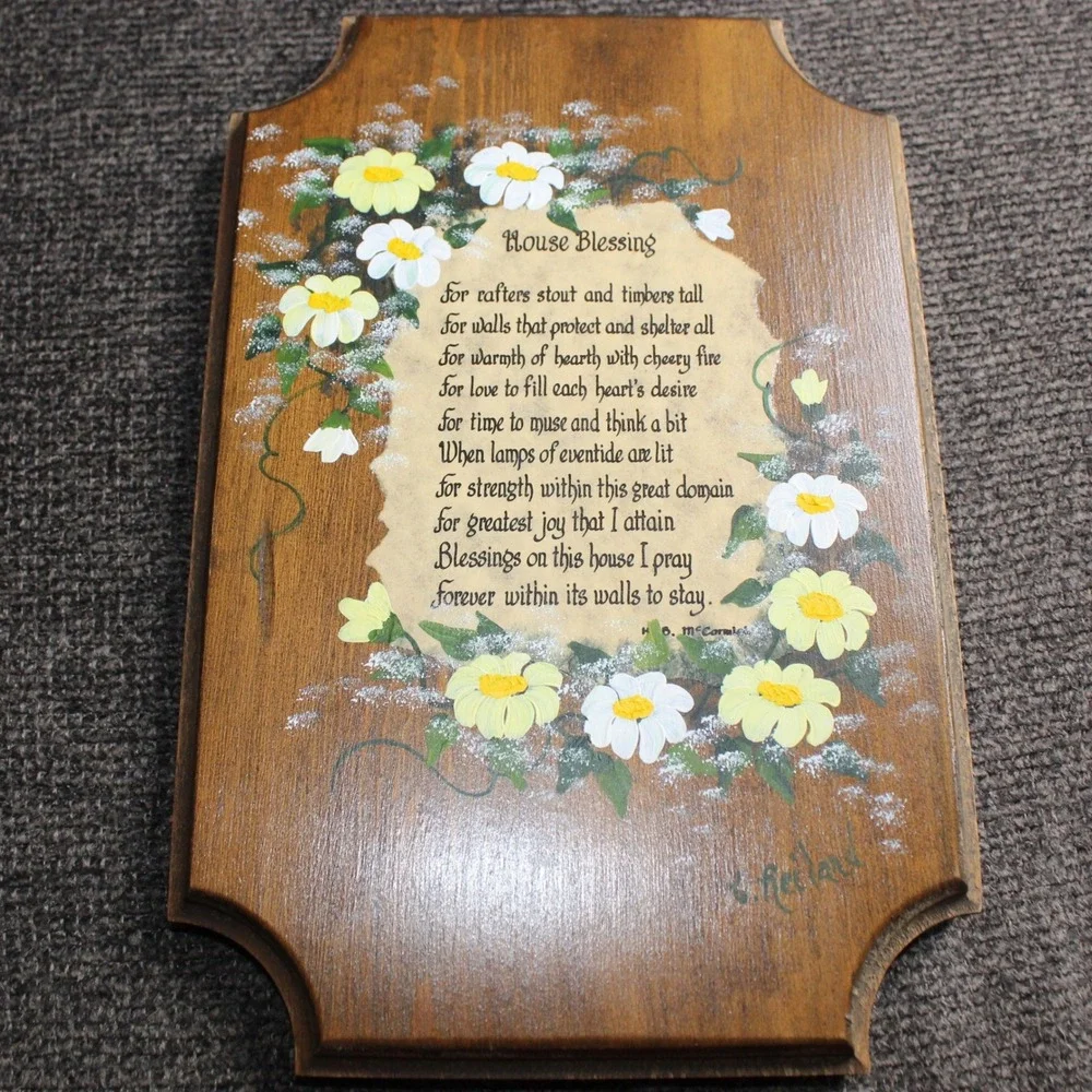 Hand Painted Wood Plaque with House Blessing Wall Decor Brown Floral Folk Art